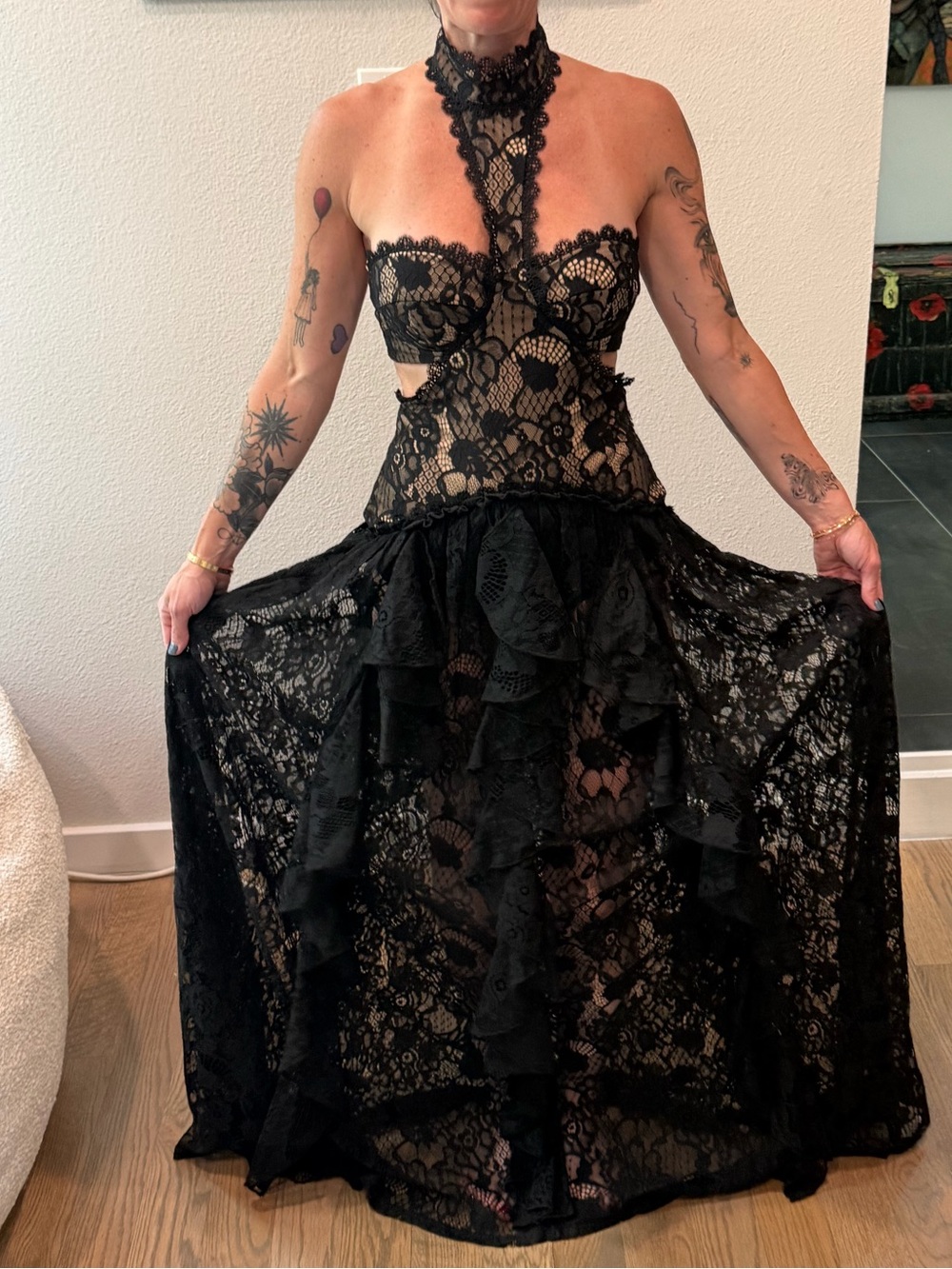 12th Tribe Black Lace Halter Maxi Dress with Ruffle Skirt